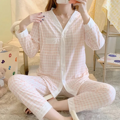 Άνοιξη Έγκυος Γυναίκα Θηλασμού Σετ Πιτζάμες Μόδα Ρούχα Νοσηλευτικής εγκυμοσύνης Σετ Δαντελένια μπλουζάκια Θηλασμού+Παντελόνι Λεπτό