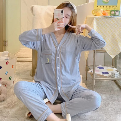 Άνοιξη Έγκυος Γυναίκα Θηλασμού Σετ Πιτζάμες Μόδα Ρούχα Νοσηλευτικής εγκυμοσύνης Σετ Δαντελένια μπλουζάκια Θηλασμού+Παντελόνι Λεπτό