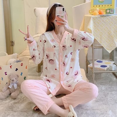 Άνοιξη Έγκυος Γυναίκα Θηλασμού Σετ Πιτζάμες Μόδα Ρούχα Νοσηλευτικής εγκυμοσύνης Σετ Δαντελένια μπλουζάκια Θηλασμού+Παντελόνι Λεπτό