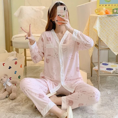 Άνοιξη Έγκυος Γυναίκα Θηλασμού Σετ Πιτζάμες Μόδα Ρούχα Νοσηλευτικής εγκυμοσύνης Σετ Δαντελένια μπλουζάκια Θηλασμού+Παντελόνι Λεπτό