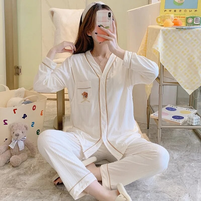 Άνοιξη Έγκυος Γυναίκα Θηλασμού Σετ Πιτζάμες Μόδα Ρούχα Νοσηλευτικής εγκυμοσύνης Σετ Δαντελένια μπλουζάκια Θηλασμού+Παντελόνι Λεπτό