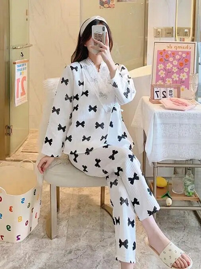 Άνοιξη Έγκυος Γυναίκα Θηλασμού Σετ Πιτζάμες Μόδα Ρούχα Νοσηλευτικής εγκυμοσύνης Σετ Δαντελένια μπλουζάκια Θηλασμού+Παντελόνι Λεπτό