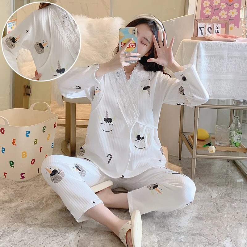 Άνοιξη Έγκυος Γυναίκα Θηλασμού Σετ Πιτζάμες Μόδα Ρούχα Νοσηλευτικής εγκυμοσύνης Σετ Δαντελένια μπλουζάκια Θηλασμού+Παντελόνι Λεπτό