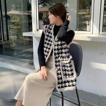 Γιλέκα Γυναικεία Απλά Vintage Houndstooth Κορεάτικα Γυναικεία Κομψά Casual Μονόστηθο σακάκια Outwear Vintage All-Match γιλέκο