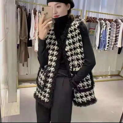 Γιλέκα Γυναικεία Απλά Vintage Houndstooth Κορεάτικα Γυναικεία Κομψά Casual Μονόστηθο σακάκια Outwear Vintage All-Match γιλέκο