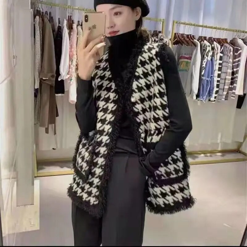 Γιλέκα Γυναικεία Απλά Vintage Houndstooth Κορεάτικα Γυναικεία Κομψά Casual Μονόστηθο σακάκια Outwear Vintage All-Match γιλέκο