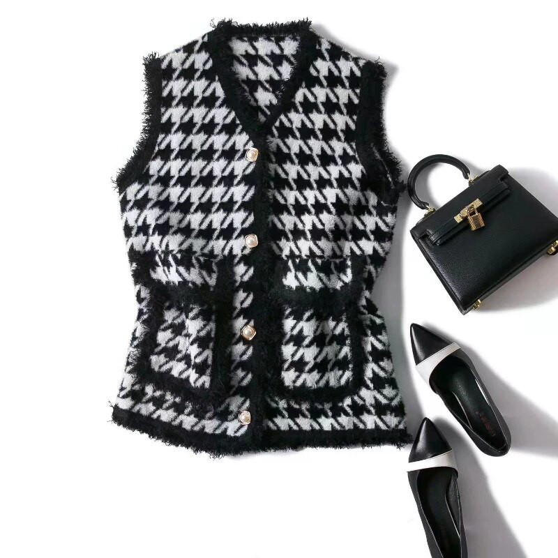 Γιλέκα Γυναικεία Απλά Vintage Houndstooth Κορεάτικα Γυναικεία Κομψά Casual Μονόστηθο σακάκια Outwear Vintage All-Match γιλέκο