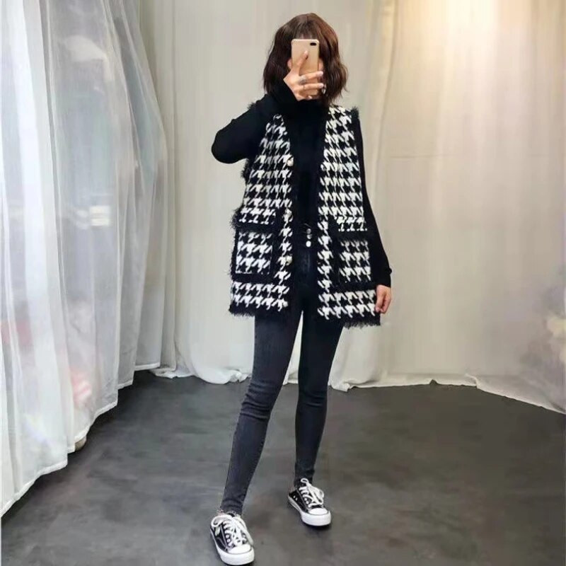 Γιλέκα Γυναικεία Απλά Vintage Houndstooth Κορεάτικα Γυναικεία Κομψά Casual Μονόστηθο σακάκια Outwear Vintage All-Match γιλέκο
