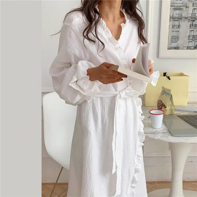 Ženski kućni ogrtač s volanima, dugih rukava, korejski stil, slatki ogrtač, bijeli, elegantni spa dama, proljeće, jesen, kućni kućni ogrtači, ogrtači, pidžame