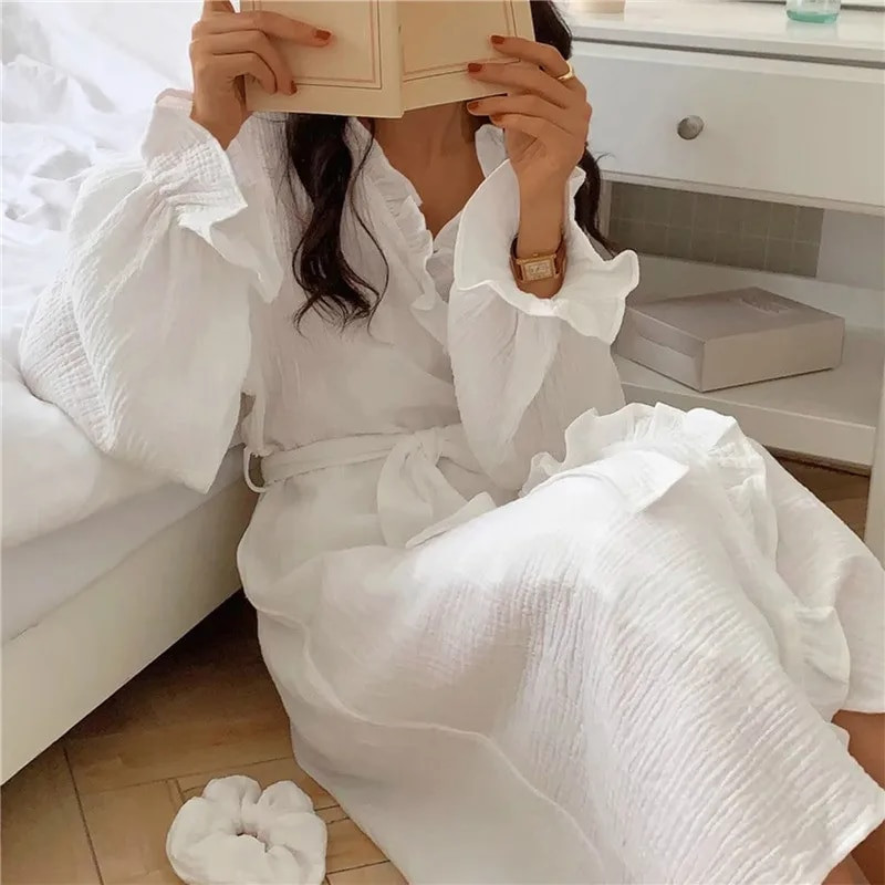 Ženski kućni ogrtač s volanima, dugih rukava, korejski stil, slatki ogrtač, bijeli, elegantni spa dama, proljeće, jesen, kućni kućni ogrtači, ogrtači, pidžame