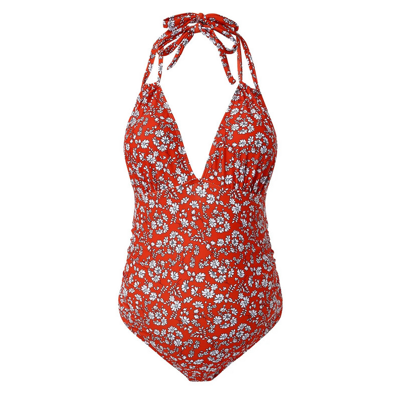 „Halter“ motinystės maudymosi kostiumėlis nėščioms moterims raudonomis gėlėmis raštu vientisas maudymosi kostiumėlis nėštumo bikiniui su reguliuojamu krūtinės maudymosi kostiumėliu