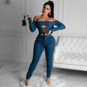 Farmer Alkalmi Romper Szexi Női Slash Neck Hosszú ujjú Bodycon Hollow Out Farmer Overall