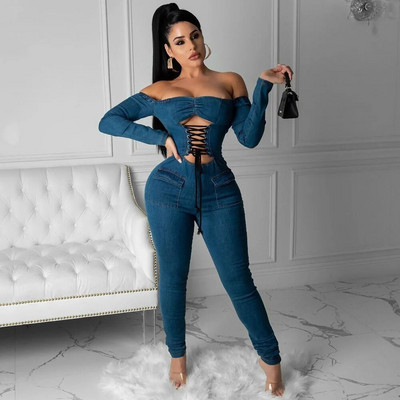 Farmer Alkalmi Romper Szexi Női Slash Neck Hosszú ujjú Bodycon Hollow Out Farmer Overall