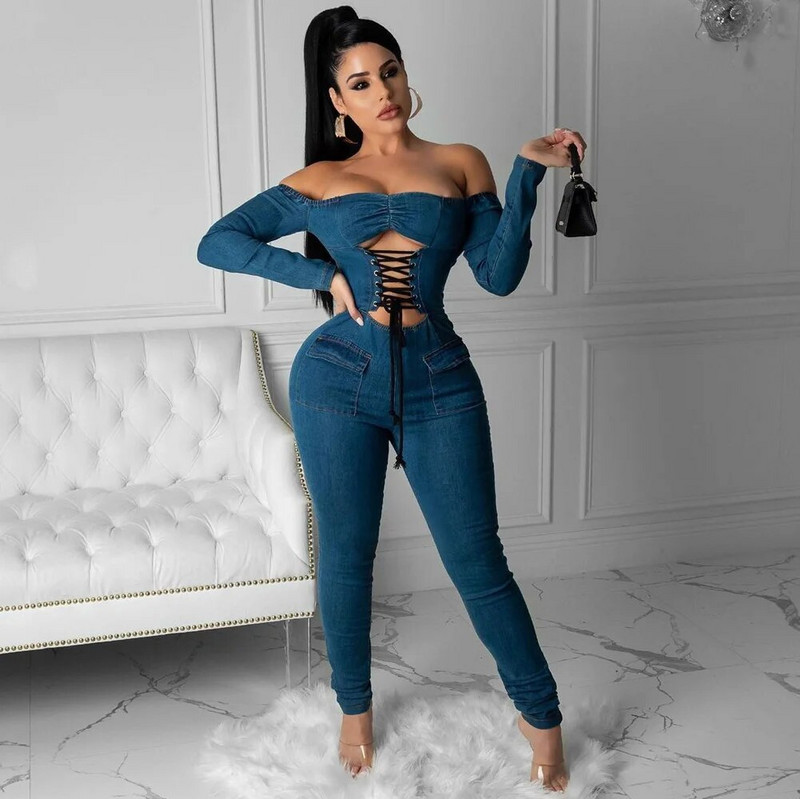 Farmer Alkalmi Romper Szexi Női Slash Neck Hosszú ujjú Bodycon Hollow Out Farmer Overall