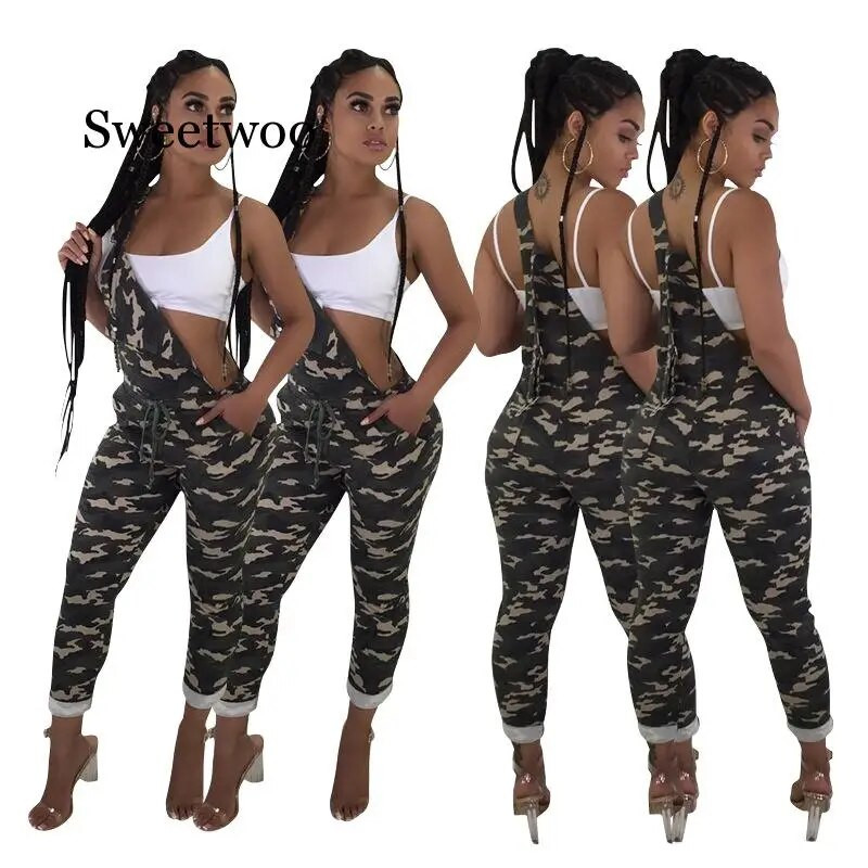 Nova ženska klupska odjeća s kamuflažnim printom Sportski kombinezon Bodi Kombinezon za zabave Kamuflažni remen Duge hlače Kombinezon