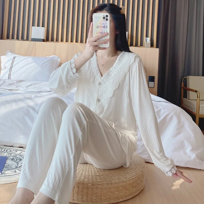 Maitinimo pižamos Modalinės ilgos rankovės V formos kaklo nėščiųjų pižamos ligoninės kostiumas nėščioms moterims 2023 m. rudens nauji namų drabužiai