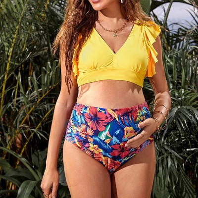 Aukšto juosmens gėlių binikių rinkinys, dviejų dalių nėščiųjų raukiniai maudymosi kostiumėliai Premama maudymosi kostiumėlis maudymosi kostiumėlis nėščiosioms paplūdimio apranga Biquini