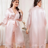 Ružičasti kimono kućni ogrtač Seksi vjenčani ogrtač s čipkastim ukrasom Ženska spavaćica Dugi kućni ogrtač Mladenka Spavaćica Oversize 3Xl 4Xl 5Xl