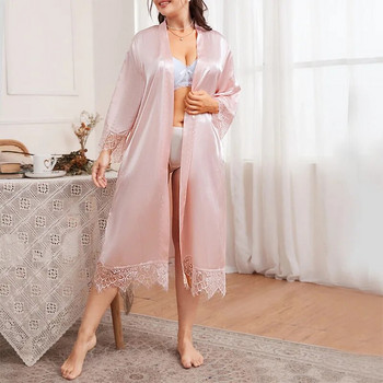 Ροζ μπουρνούζι κιμονό Σέξι δαντέλα νυφική ρόμπα γυναικεία υπνοδωμάτια μακρύ σπίτι νυφικό νυχτικό νυφικό Oversize 3Xl 4Xl 5Xl