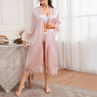 Ružičasti kimono kućni ogrtač Seksi vjenčani ogrtač s čipkastim ukrasom Ženska spavaćica Dugi kućni ogrtač Mladenka Spavaćica Oversize 3Xl 4Xl 5Xl