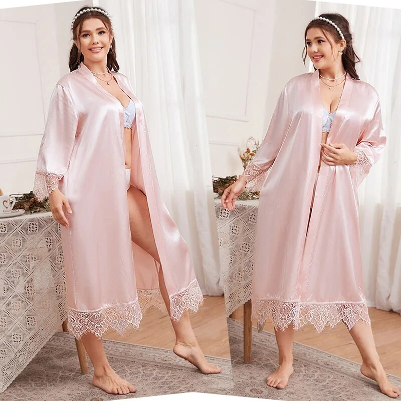 Ružičasti kimono kućni ogrtač Seksi vjenčani ogrtač s čipkastim ukrasom Ženska spavaćica Dugi kućni ogrtač Mladenka Spavaćica Oversize 3Xl 4Xl 5Xl