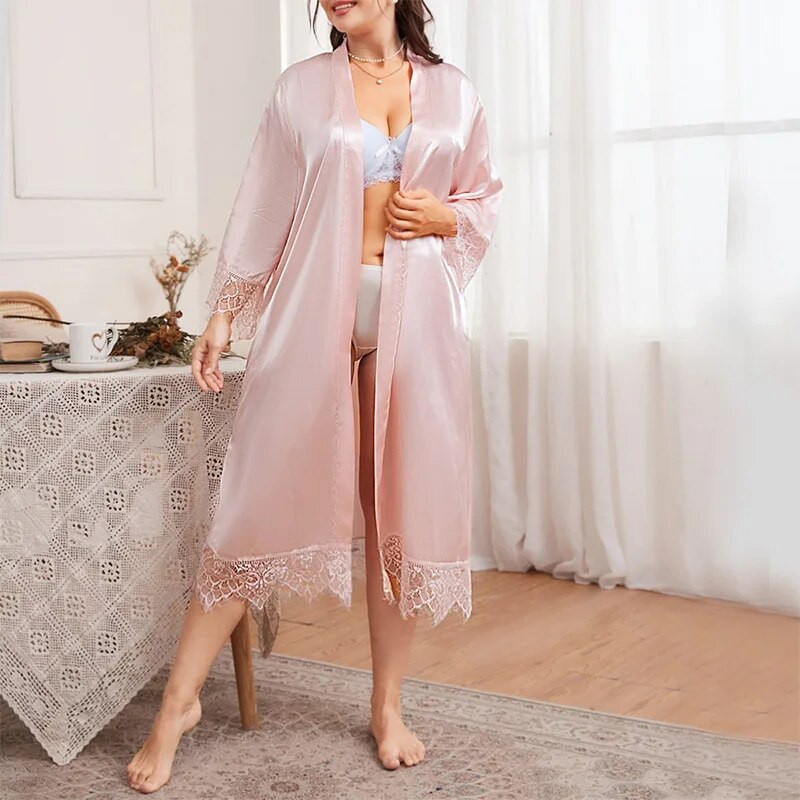 Ružičasti kimono kućni ogrtač Seksi vjenčani ogrtač s čipkastim ukrasom Ženska spavaćica Dugi kućni ogrtač Mladenka Spavaćica Oversize 3Xl 4Xl 5Xl