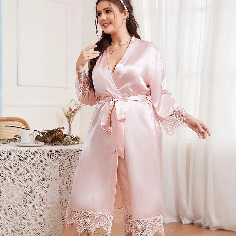 Ružičasti kimono kućni ogrtač Seksi vjenčani ogrtač s čipkastim ukrasom Ženska spavaćica Dugi kućni ogrtač Mladenka Spavaćica Oversize 3Xl 4Xl 5Xl