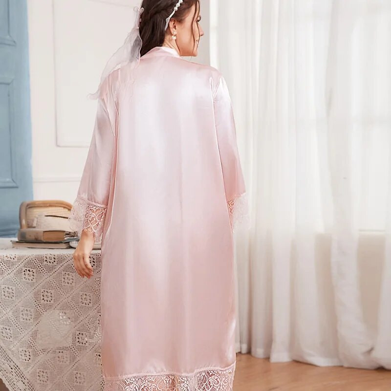 Ružičasti kimono kućni ogrtač Seksi vjenčani ogrtač s čipkastim ukrasom Ženska spavaćica Dugi kućni ogrtač Mladenka Spavaćica Oversize 3Xl 4Xl 5Xl