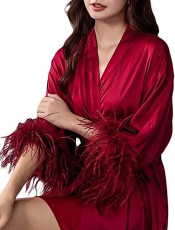 3XL. Дамско сатенено кимоно с ръкав от щраусова коса. Спално облекло Розови халати Пижами Халат Нощница Булчински халати Пеньоар