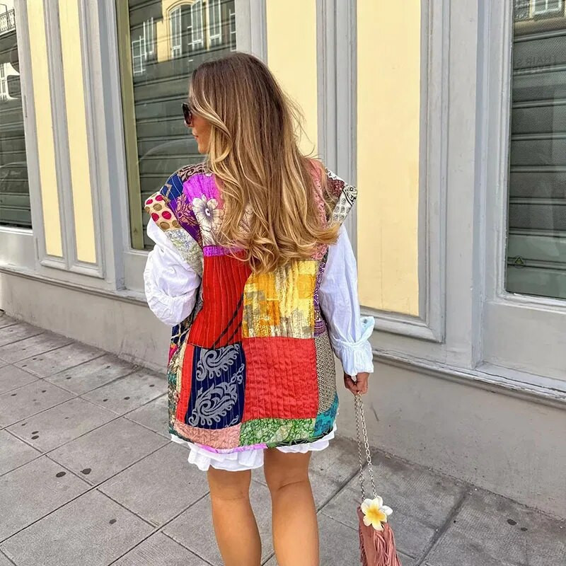 Jesenski cvjetni print patchwork ženska vesta Slatka jakna bez rukava s printom širokog struka 2023. Vintage ženske ulične jakne