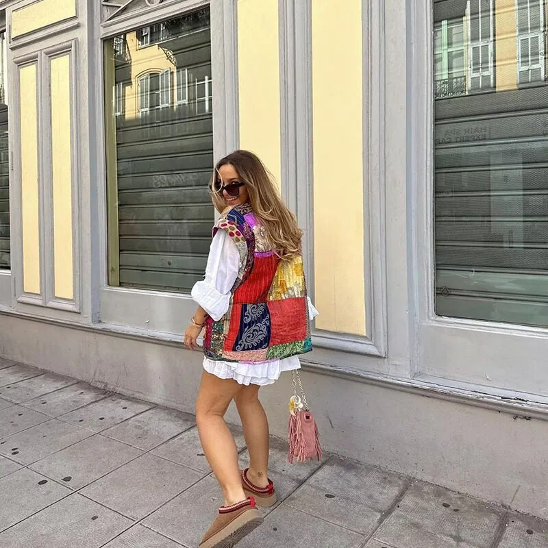 Jesenski cvjetni print patchwork ženska vesta Slatka jakna bez rukava s printom širokog struka 2023. Vintage ženske ulične jakne