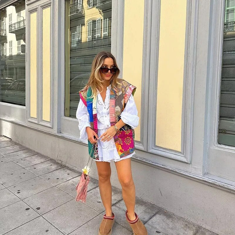 Jesenski cvjetni print patchwork ženska vesta Slatka jakna bez rukava s printom širokog struka 2023. Vintage ženske ulične jakne