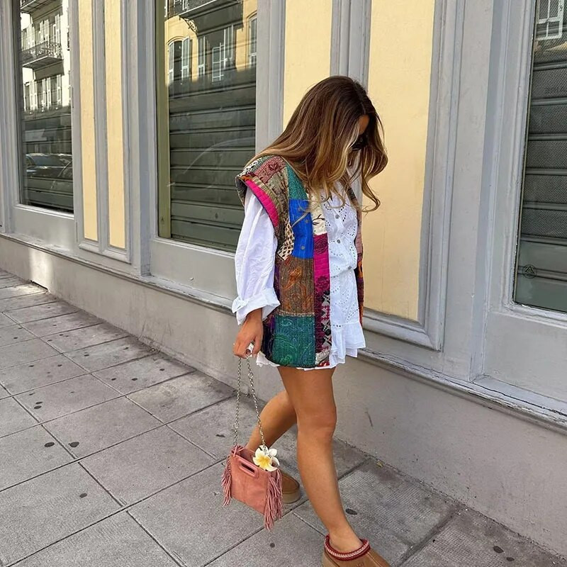 Jesenski cvjetni print patchwork ženska vesta Slatka jakna bez rukava s printom širokog struka 2023. Vintage ženske ulične jakne