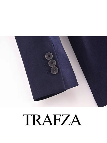 TRAFZA 2024 Γυναικείο Casual Blazer Επαγγελματικό κοστούμι γραφείου Navy Γυναικείο ψηλόμεσο νυφικό σμόκιν Παντελόνι πάρτι 2 τεμαχίων