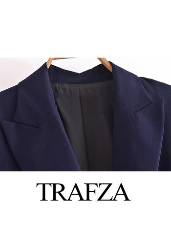 TRAFZA 2024 Дамски ежедневен блейзър Бизнес офис костюм Тъмносин Дамска тънка сватбена рокля с висока талия Смокинг Парти панталони Комплект от 2 части