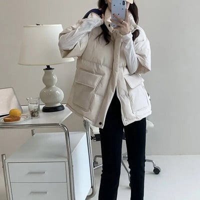 Pamut párnázott puffermellény fél ujjú lefelé téli divatos bő kabát, rövid ujjú női mellény Őszi tavaszi népszerű kabát