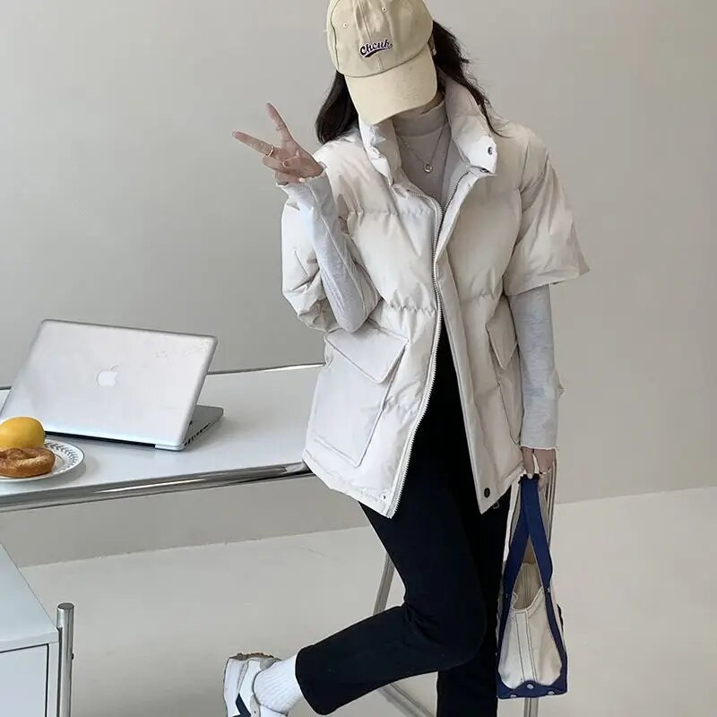 Pamut párnázott puffermellény fél ujjú lefelé téli divatos bő kabát, rövid ujjú női mellény Őszi tavaszi népszerű kabát