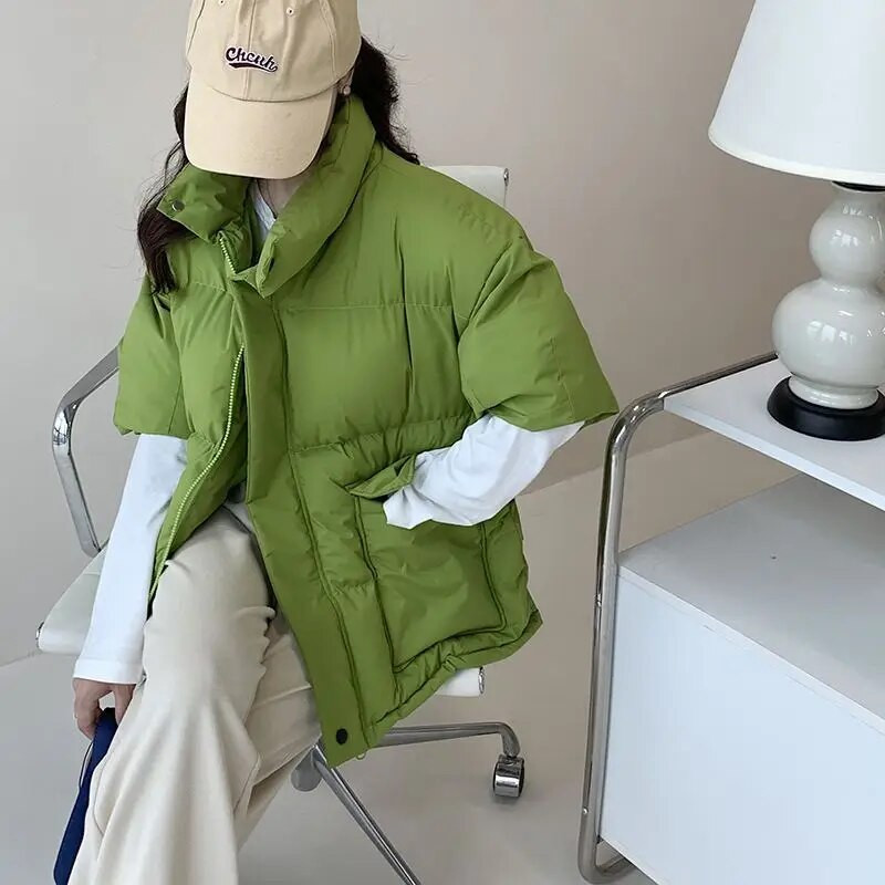 Pamut párnázott puffermellény fél ujjú lefelé téli divatos bő kabát, rövid ujjú női mellény Őszi tavaszi népszerű kabát