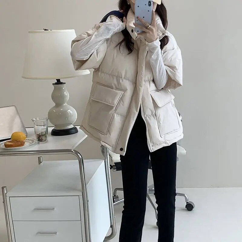 Pamut párnázott puffermellény fél ujjú lefelé téli divatos bő kabát, rövid ujjú női mellény Őszi tavaszi népszerű kabát