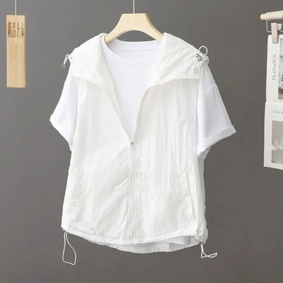 Moteriškos korėjietiškos liemenės su užtrauktuku, laisvalaikis su gobtuvu, be rankovių apsauga nuo išbėrimo, madinga plona paltai Vasaros madinga liemenė Y2k 2023 m.