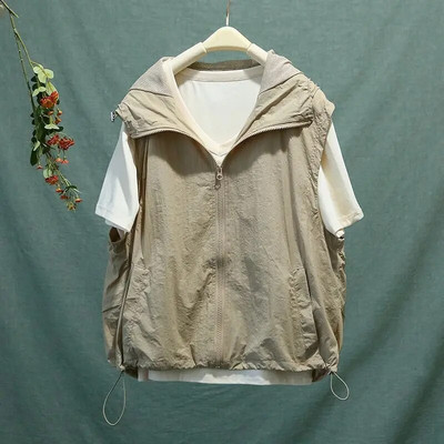 Moteriškos korėjietiškos liemenės su užtrauktuku, laisvalaikis su gobtuvu, be rankovių apsauga nuo išbėrimo, madinga plona paltai Vasaros madinga liemenė Y2k 2023 m.