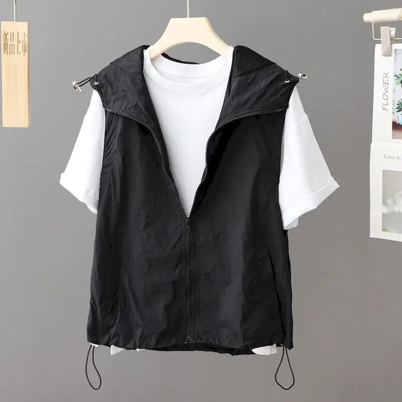 Moteriškos korėjietiškos liemenės su užtrauktuku, laisvalaikis su gobtuvu, be rankovių apsauga nuo išbėrimo, madinga plona paltai Vasaros madinga liemenė Y2k 2023 m.