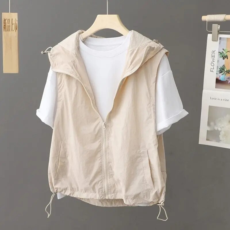 Moteriškos korėjietiškos liemenės su užtrauktuku, laisvalaikis su gobtuvu, be rankovių apsauga nuo išbėrimo, madinga plona paltai Vasaros madinga liemenė Y2k 2023 m.