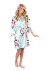 Didmeninė prekyba gėlių ir povų spalvos kimono chalatas Moteriškas satino minkštas miegui Sexy Mini Bride Pamerge Vestuvinis chalatas Vakarėlio suknelė