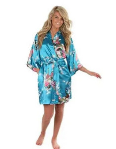 Didmeninė prekyba gėlių ir povų spalvos kimono chalatas Moteriškas satino minkštas miegui Sexy Mini Bride Pamerge Vestuvinis chalatas Vakarėlio suknelė