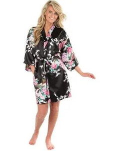 Didmeninė prekyba gėlių ir povų spalvos kimono chalatas Moteriškas satino minkštas miegui Sexy Mini Bride Pamerge Vestuvinis chalatas Vakarėlio suknelė