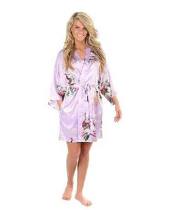 Didmeninė prekyba gėlių ir povų spalvos kimono chalatas Moteriškas satino minkštas miegui Sexy Mini Bride Pamerge Vestuvinis chalatas Vakarėlio suknelė