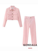 KONDALA Vintage jednobojna jednoružičasta uredska ženska ulična odjeća Ženska odijela Moda za ljeto 2023., kratki sako dugih rukava, ležerne široke hlače