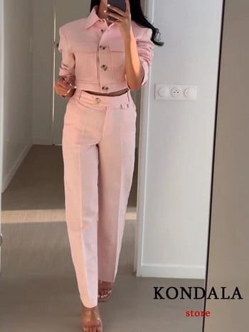 KONDALA Vintage μονόχρωμο ροζ γραφείο Lady Streetwear Γυναικεία Κοστούμια Μόδα 2023 Καλοκαίρι μακρυμάνικο κοντό σακάκι Casual παντελόνι με φαρδύ πόδι