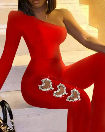 Γυναικεία σέξι ολόσωμη φόρμα με έναν ώμο Skinny 2023 με μοτίβο καρδιάς με στρας με μακρυμάνικη φόρμα